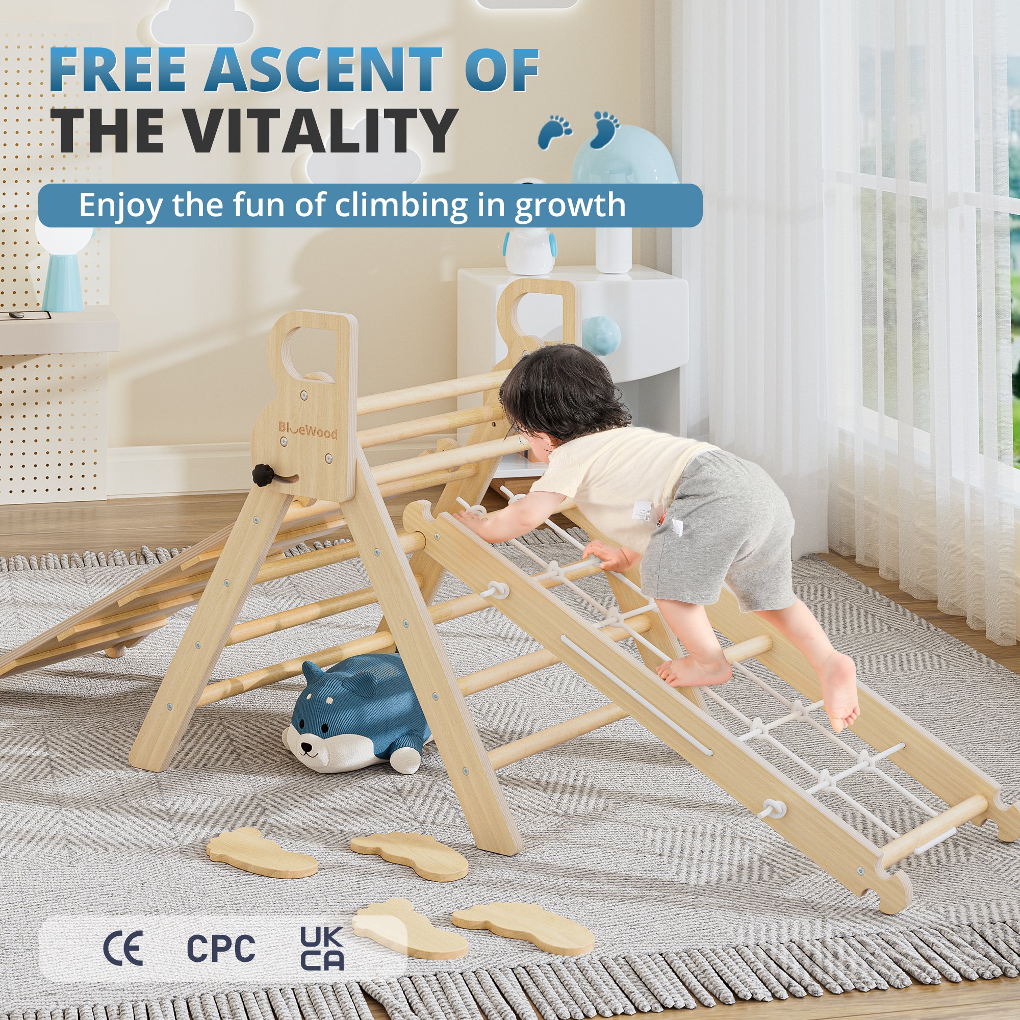 Ramble- Juego triangular Pikler BlueWood® con escalera de cuerda *Tono madera